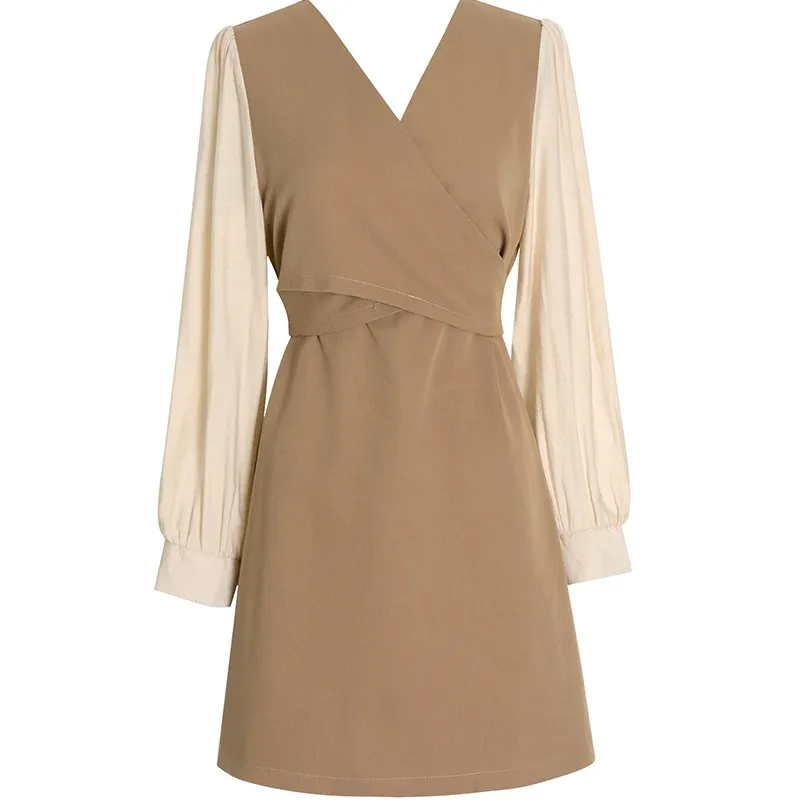

Fake Two Office Ladies Chic Short Dress Elegant Pastel Vestidos Splicing V-neck Black A-line Mini Dress Women New Style Robe