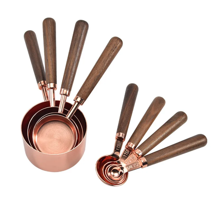 

Орехового дерева ручка Медь покрытием мерные чашки и ложки набор для выпечки тортов инструменты для сахара бытовой Кухня столовая база для ...