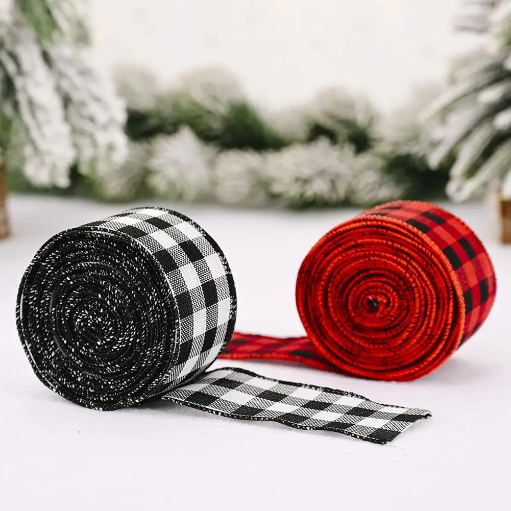 

1/2Rolls Buffalo Plaid Wired Edge Ribbons Christmas Burlap Fabric Craft Ribbon Natural Wrapping Ribbon Rolls with Checkered Edge