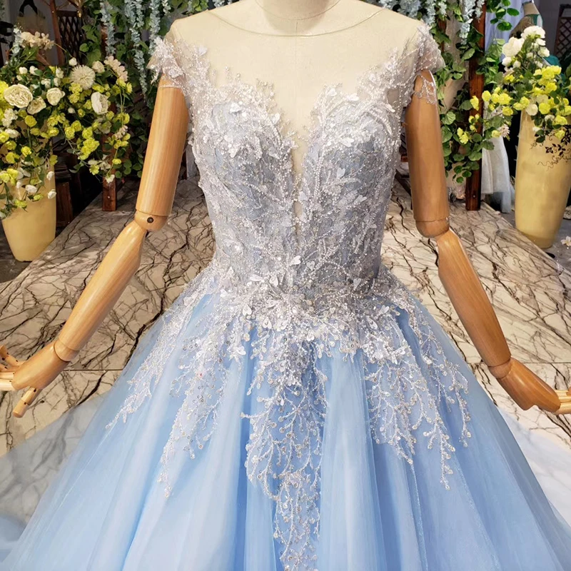 

HTL1152 short sleeve evening dress simple o neck illusion back light blue cheap formal dress party vestido fiesta largo de noche