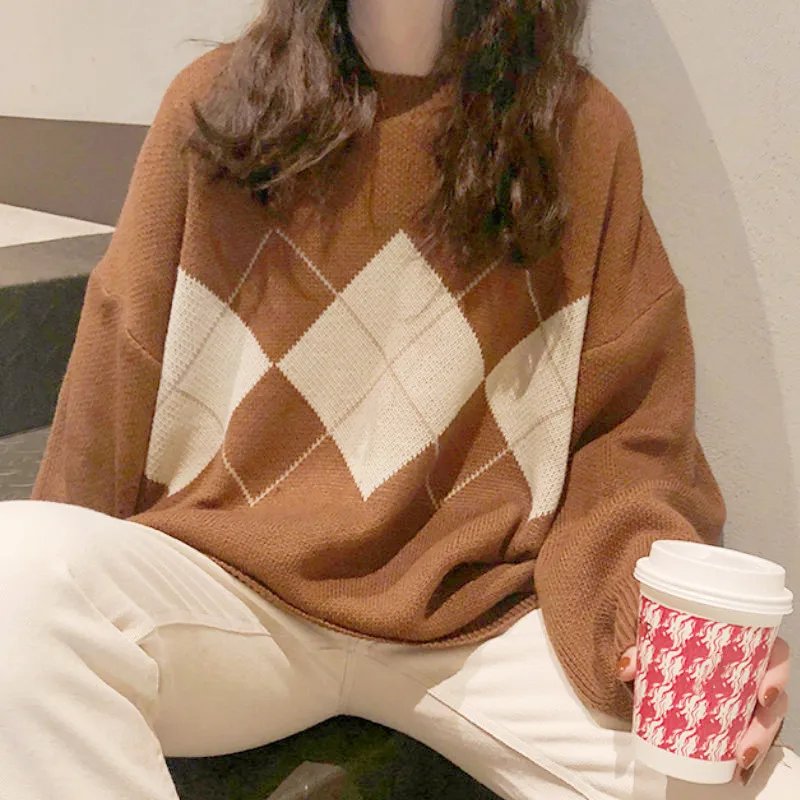 

Dreamlikelin Autumn Winter Female Oversized Argyle Sweater Long Sleeve Knitted Top Retro Style Winter Loose Women's Clothing
