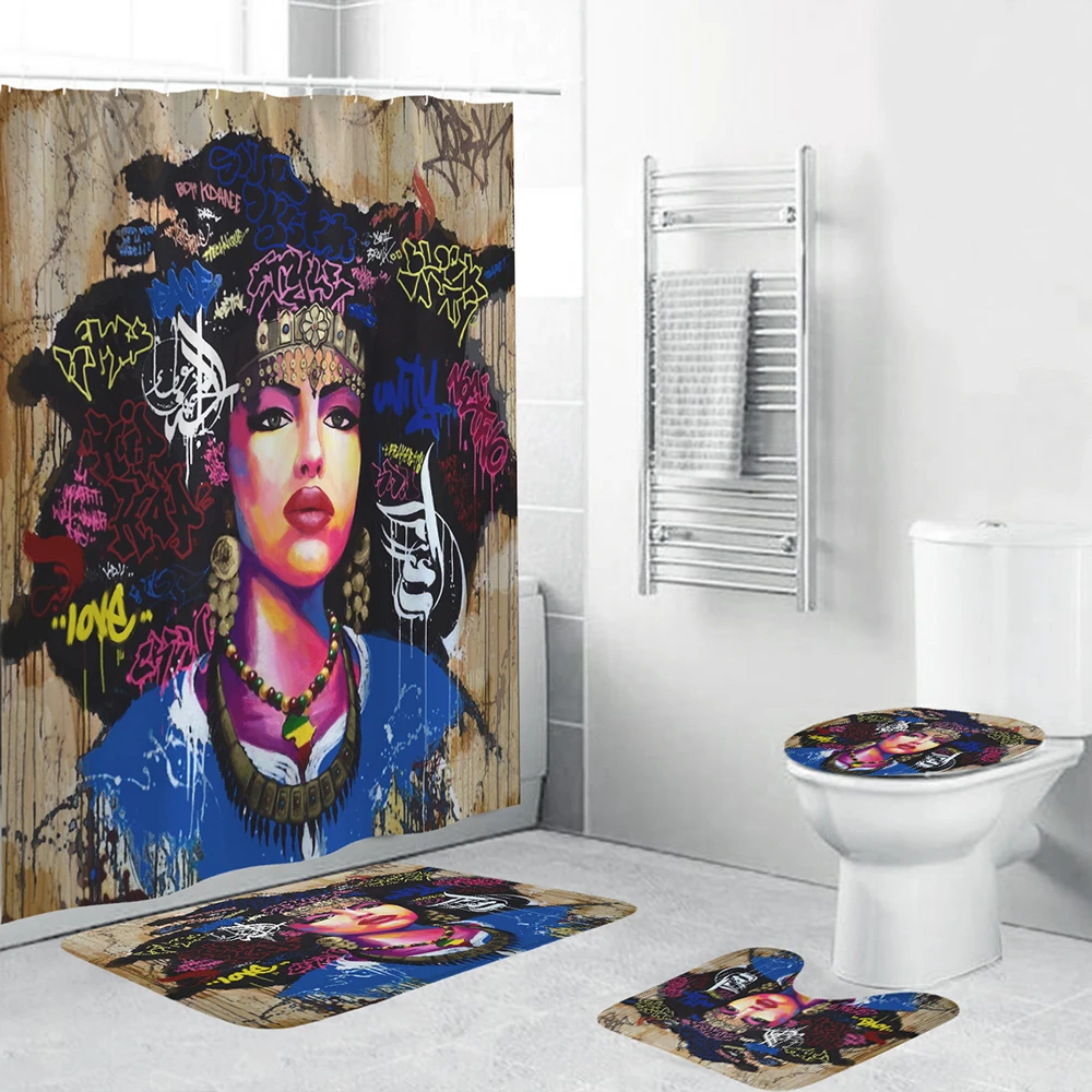 

Water Color Beautiful Girl Shower Curtain Retro Style Artwork Bathroom Decor 4 Piece Set Soft Toilet Mat Pad