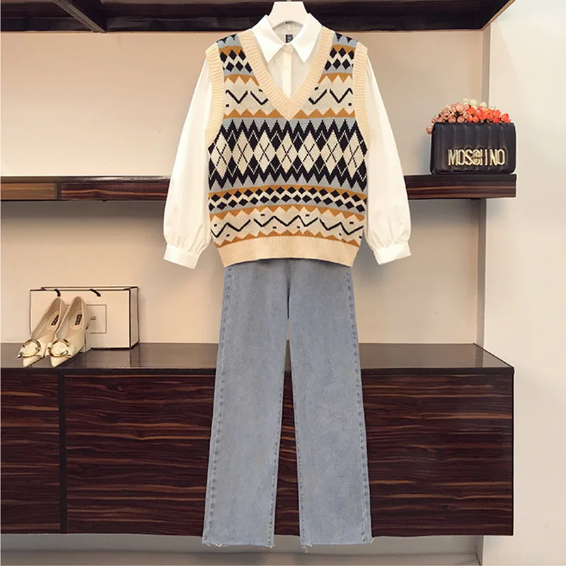 

Women's Spring Autumn Fashion 3 Pieces Outfits 2021 Student Korean Casual Shirts+Sweater Vest+Straight Jeans Set Lady Streetwear