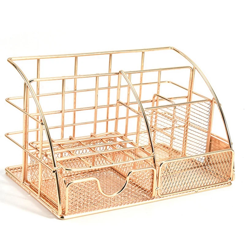 

Golden Desk Organizer for Women, Mesh Office Supplies Desk Accessories with 2PCS Metal Stackable Paper Tray