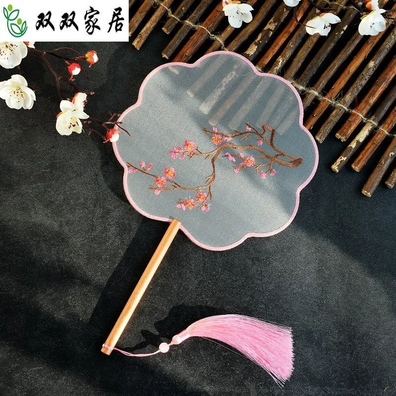 Круглый вышитый веер Hanfu с длинной ручкой китайский бамбуковый портативный