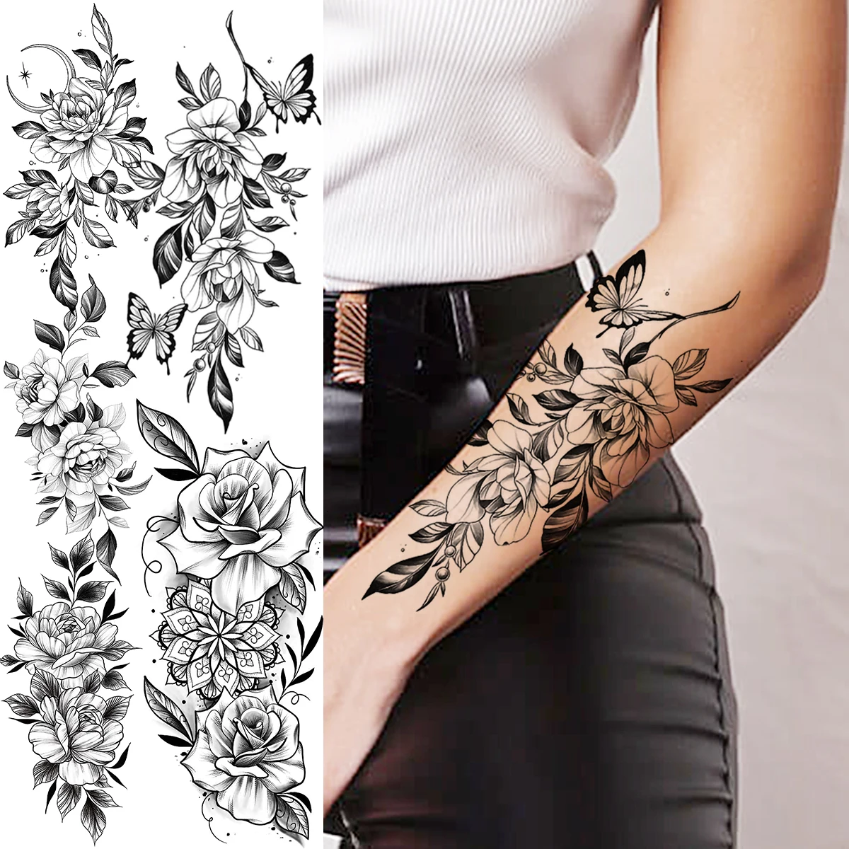 

Временные татуировки для женщин, Эротичные розовые цветы, бабочки, предплечья, пионы, луна, хна для взрослых, искусственная татуировка, боди-...