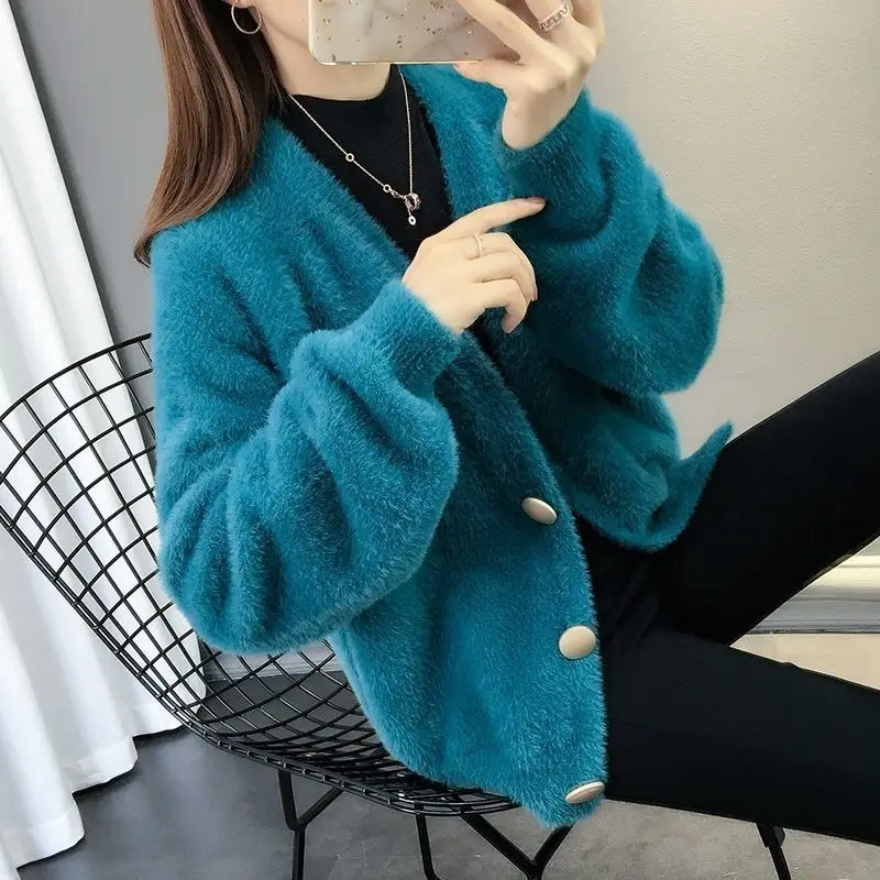 

2021 spring new women's cardigan sweater coat western style loose net red top imitation mink velvet with knitwear