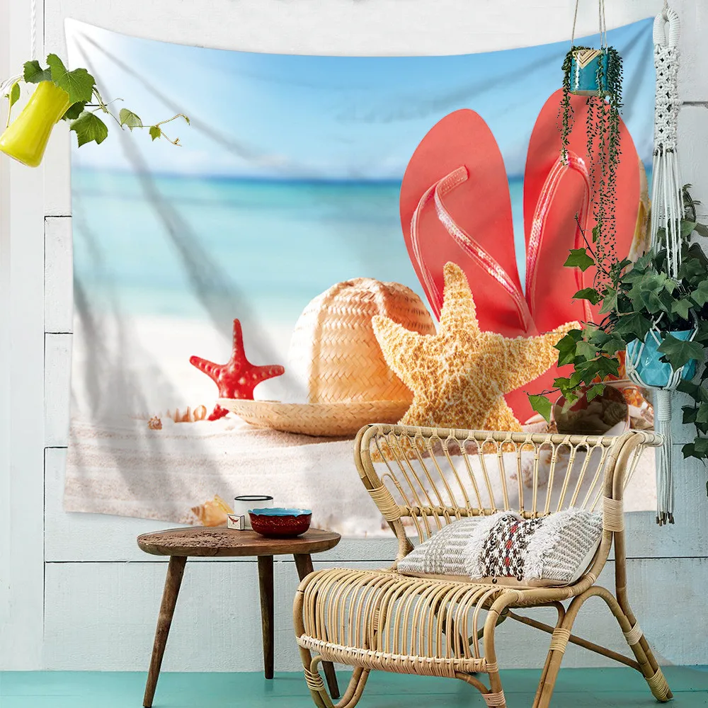 

Sea Tapestry Ocean Mediterranean Styles Beach Wall Hanging Water Landscape Beach Decoration White Cloud Blue Sky Blanket