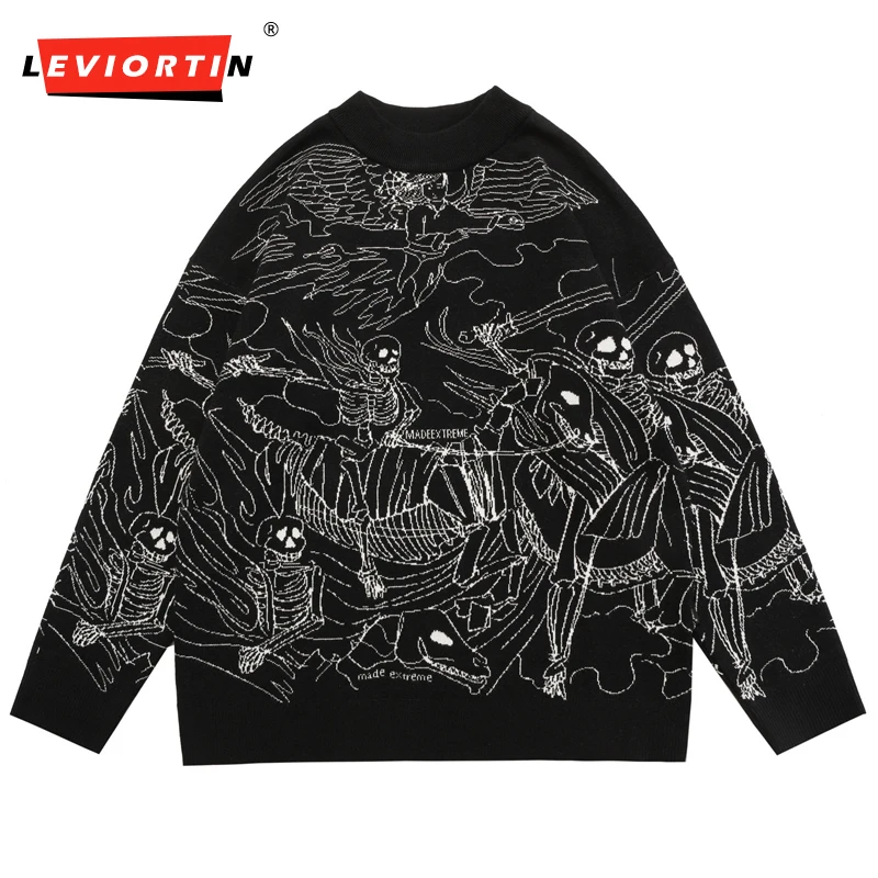 

Vintage Knitted Sweater Harajuku Ukiyo-e Style Skull Graffiti Pullover Autumn Streetwear Sweater Men Women Cotton Knitwear Tops