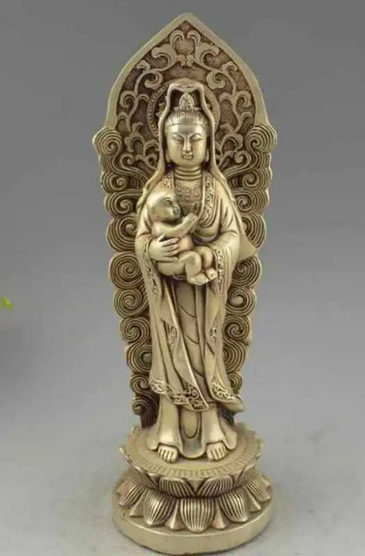 China Buddhism Silver Pray Bless Kid Boy GuanYin Kwan-yin Goddess Buddha Statue