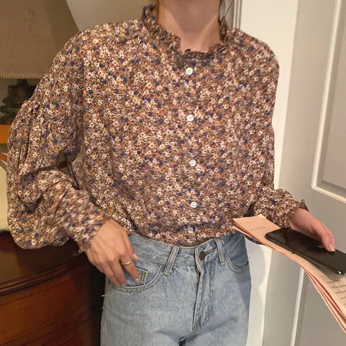 

Корейская шикарная элегантная светильник романтичная Цветочная шифоновая рубашка для зрелых женщин Нежный воротник с деревянными ушками ...