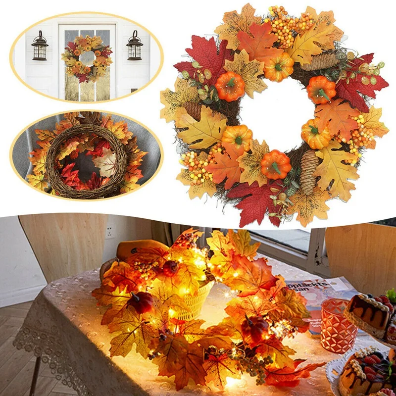 

45cm Halloween Decor Fall Door Pumpkin Wreath Autumn Color Maple Leaf Garland for Indoor/Outdoor Decor