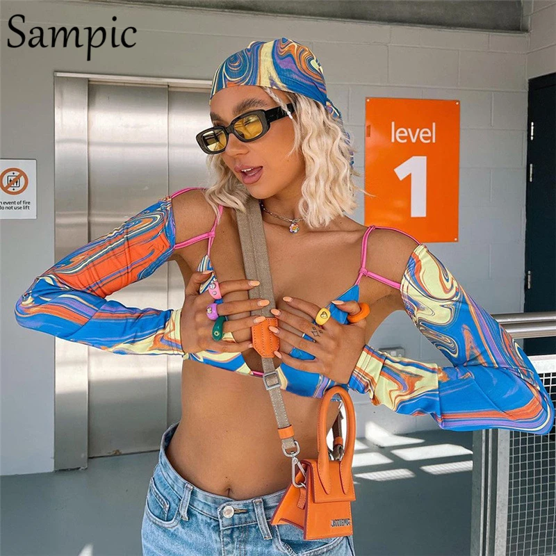 Sampic Сексуальная Повседневная обтягивающая укороченная футболка с длинным