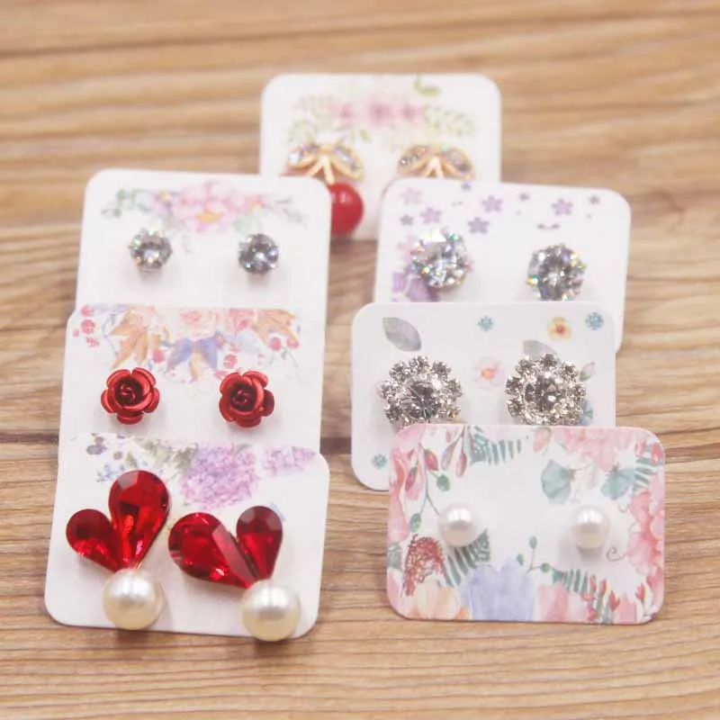 

100pcs /lot 3.5*2.5cm flower styles earring parking tag label DIY white paper marble/full color earring package colorful card