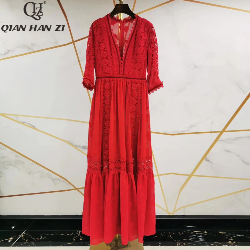 Дизайнерское подиумное модное Макси-платье Qian Han Zi женское длинное кружевное