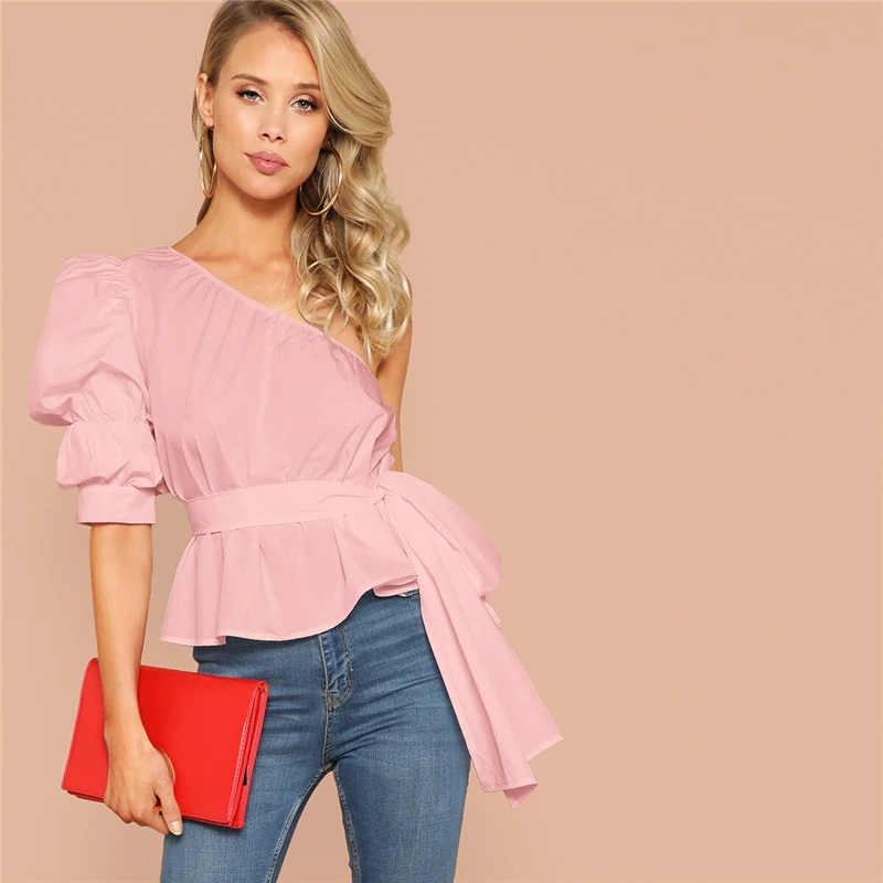 SHEIN Однотонный Топ На Одно Плечо С Пышными Рукавами И Поясом Женская Летняя Белая Элегантная Блузка С Средним Рукавом