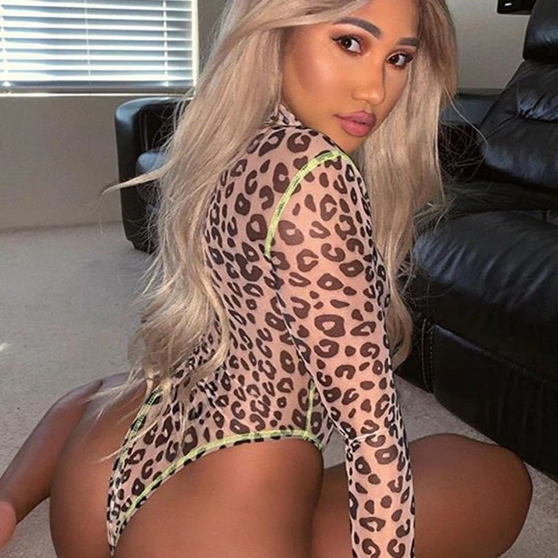 Сексуальное женское прозрачное Сетчатое боди с леопардовым принтом и высоким