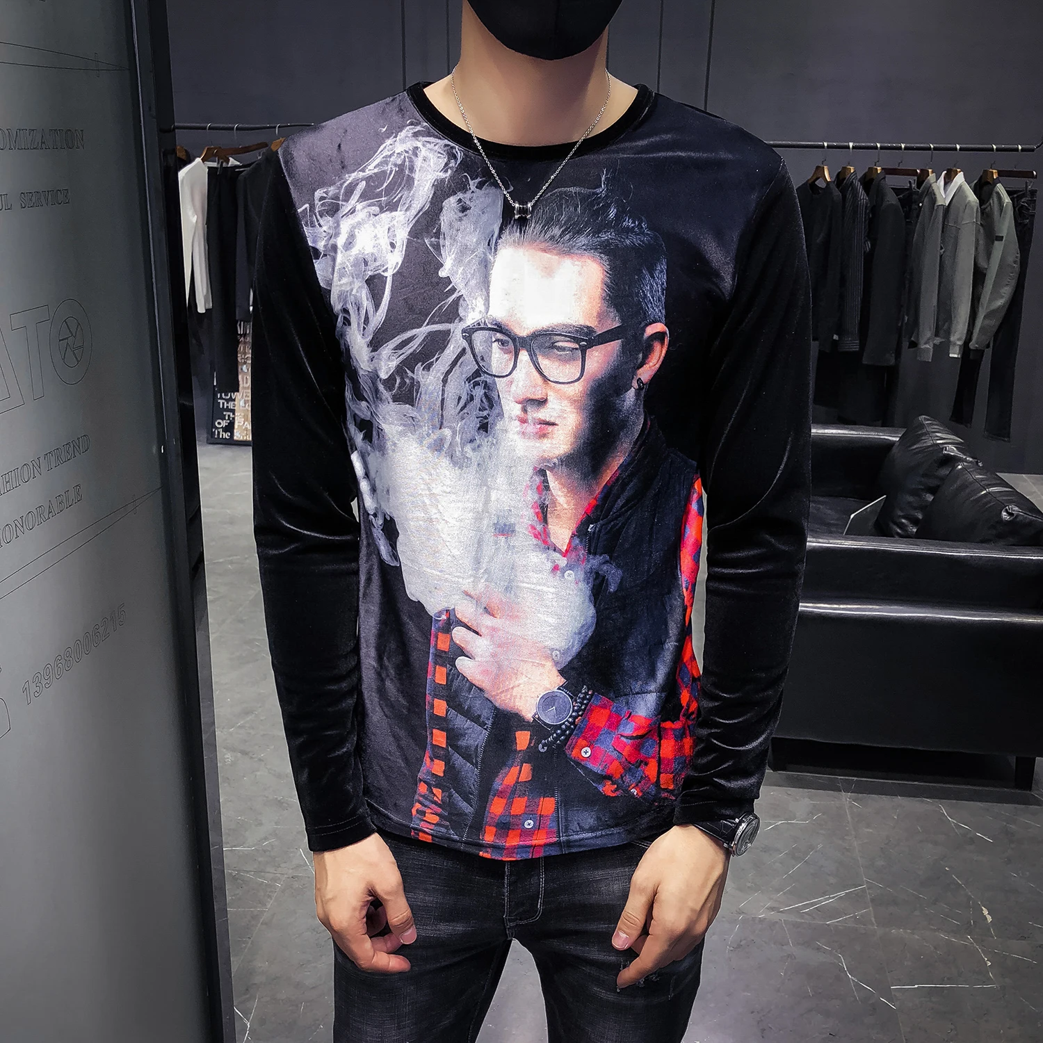 Осенне-зимняя футболка с длинным рукавом Мужская бархатная P45 B333 878 обшивка без