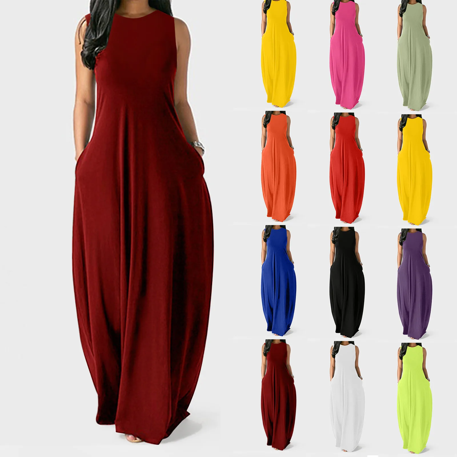 

New Ladies solid color dress summer plus size solid color casual O-neck sleeveless vest long skirt dress size S-5XL Q6