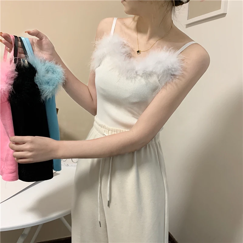 2021 весенний женский модный мягкий меховой воротник вязальные майки топы