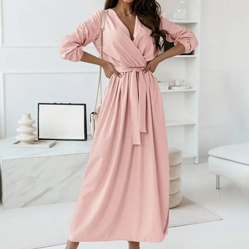 

Dress long dress summer Beach dresses Solid Color Elastic Waist V Neck Tight Waist Loose Long Dress for Party Beach Dresses