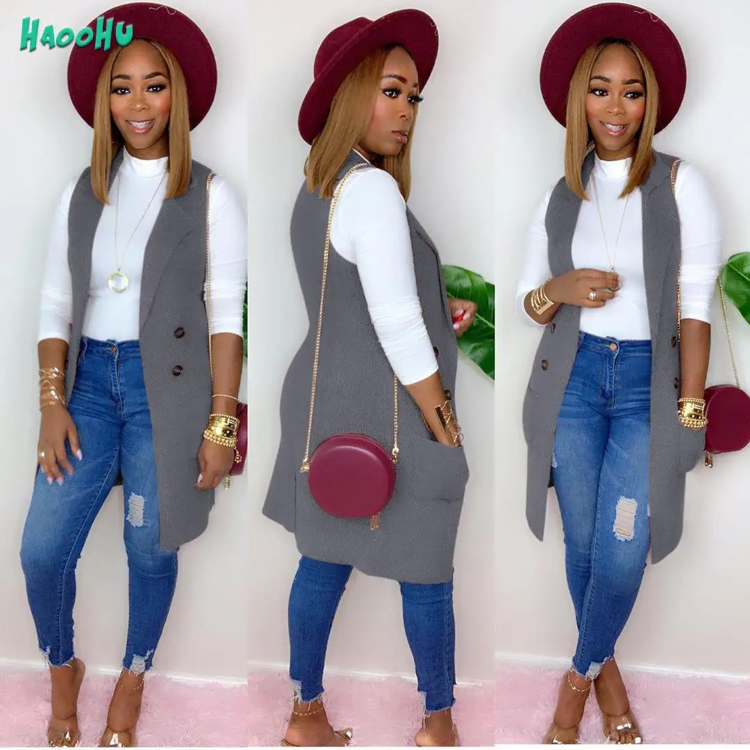 

HAOOHU Midi Solid Trench Outwear Sleeveless High Coats Casual Street Women Autumn Double-breasted Waterfall Vest
