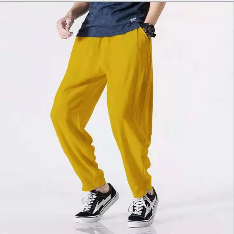 

New Men's Cotton Linen Pants Male Summer Breathable Solid Color Linen Trousers fashion trend lace-up pants