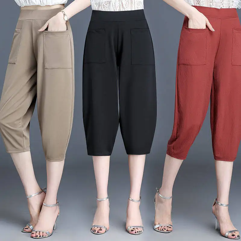 

Spring Summer women pants Fashion Ankle-length loose Harem pants soft High waist elasticity Solid color leisure Corduroy pants