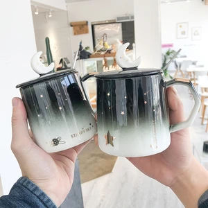 Korean Gradient Starry Sky Gold-bellied Ceramic Cup Water Cup Creative Mug Business Office Coffee Cup Coffee Mug with Lid
