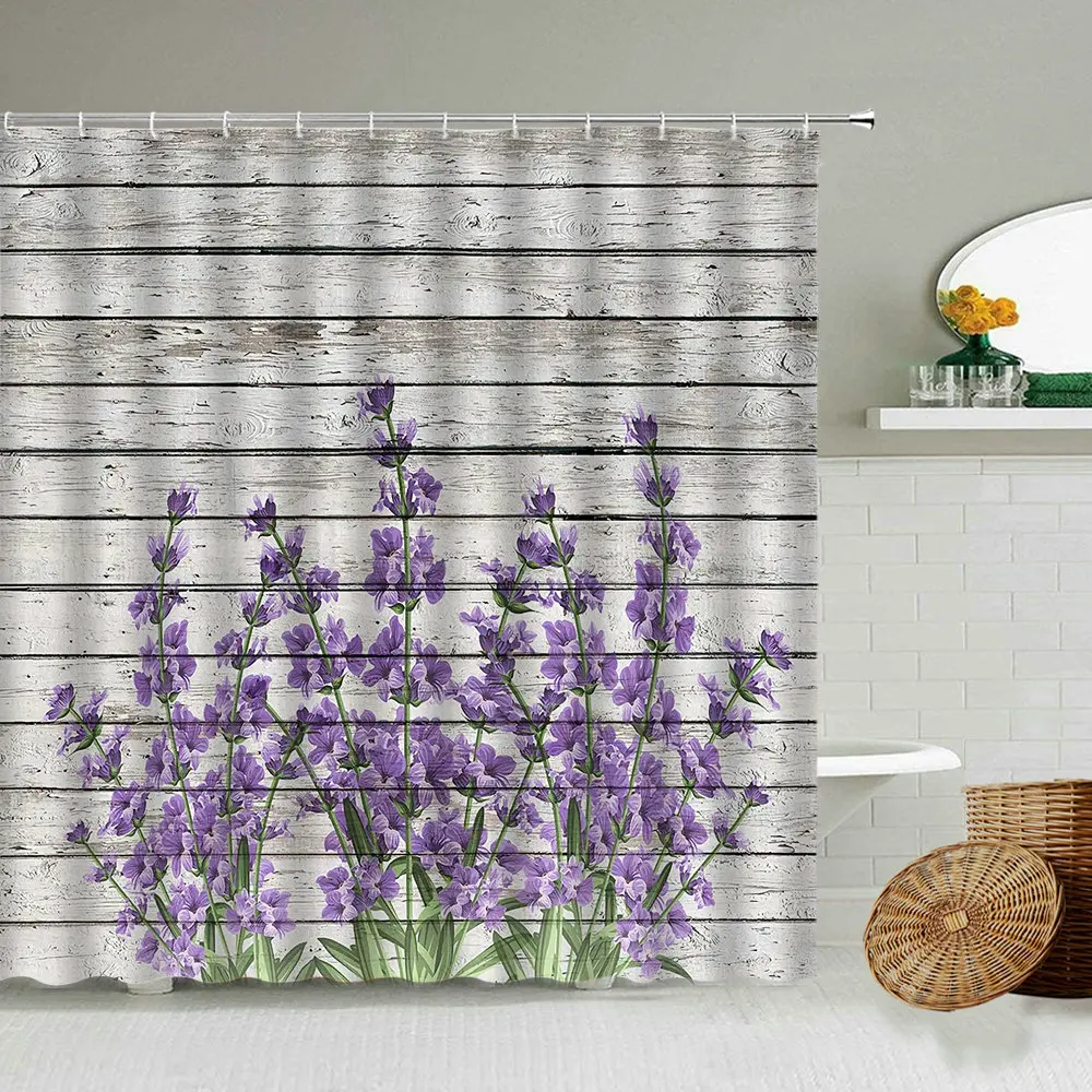 

Purple Romantic Lavender Shower Curtain Retro Antique Wood Design Bathroom Decoration Waterproof Polyester Sscreen With Hook Set