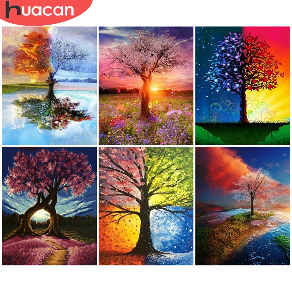 

HUACAN DIY Frame Oil Painting By Numbers Tree Scenery On Canvas Wall Art Acrylic Picture By Numbers Season For Living Room