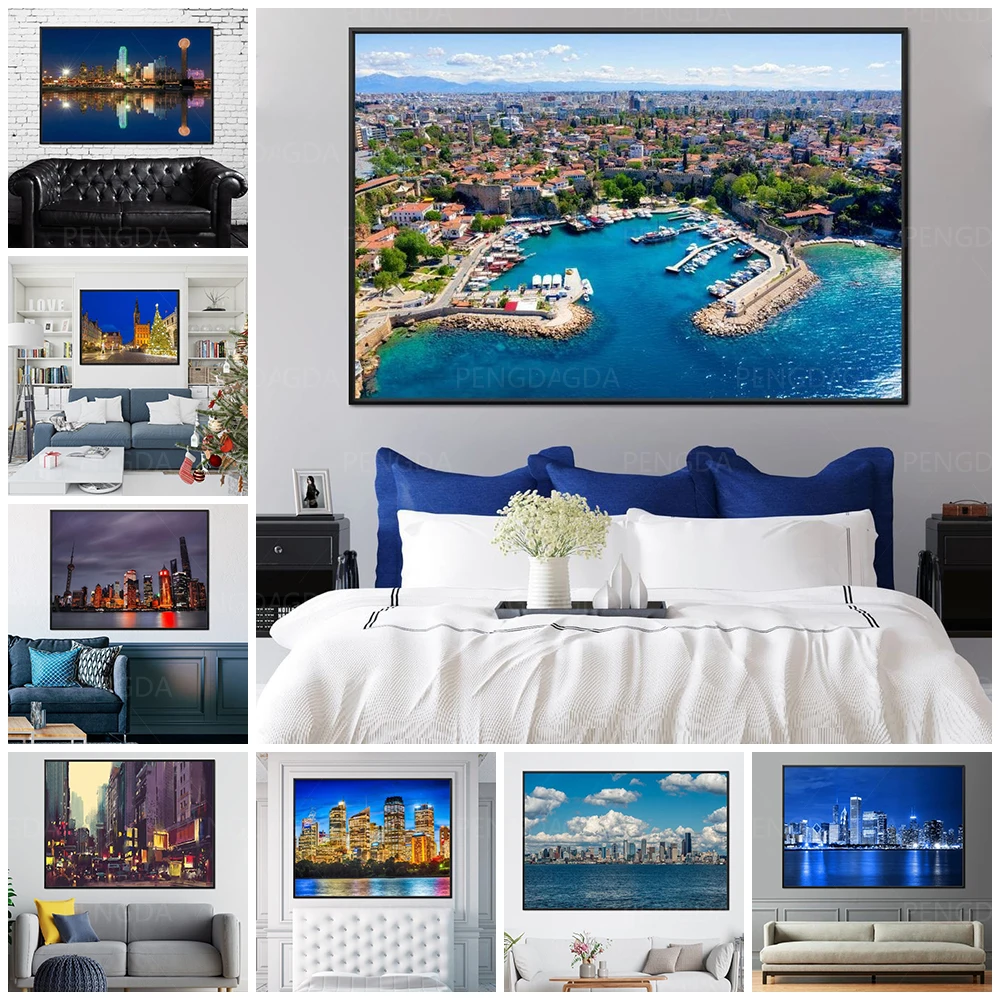 

HD Printed Prosperous Coastal City Buildings Scenery Canvas Painting Wall Art Modular Pictures Frame Home Decor Bedroom Poster