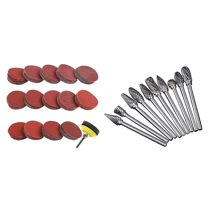 

140Pcs 2 Inch Sanding Discs Pad Kit & 10 Pcs Double Cut Carbide Rotary Burr Set 1/8Inch Shank