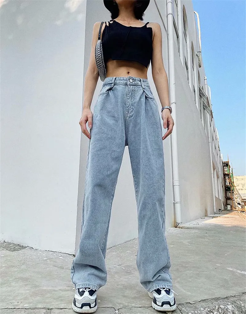 

Spring and autumn new style casual solid color pleated low-waist jeans women, pure cotton washed water thinner wide-leg jeans