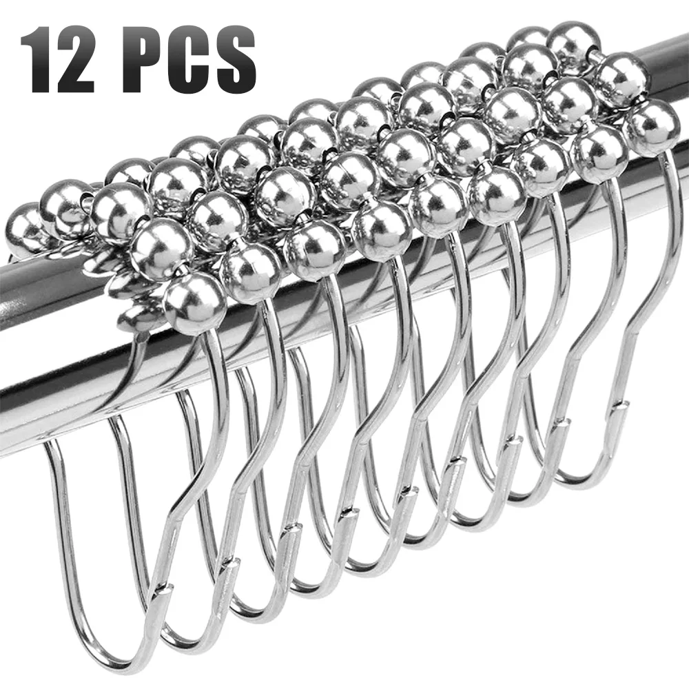 12pcs Practical Stainless Steel Curtain Hooks Bath Rollerball Shower Curtains Glide Rings Convenient Home Bathroom Accessories