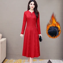 Retro cheongsam vestido de veludo dourado feminino elegante manga longa plus size forro plus size velo do vintage cintura fina vestido de festa (4)