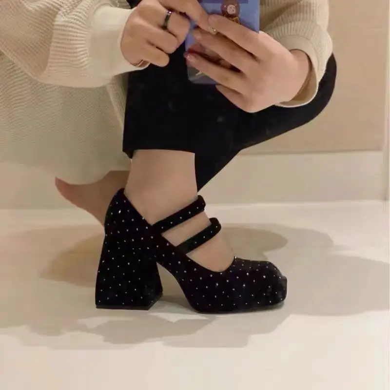 

2021 New Retro British Style Square Toe Chunky Heel Buckle Mary Jane Shoes for Women All -Matching High Heels Platform Shoes