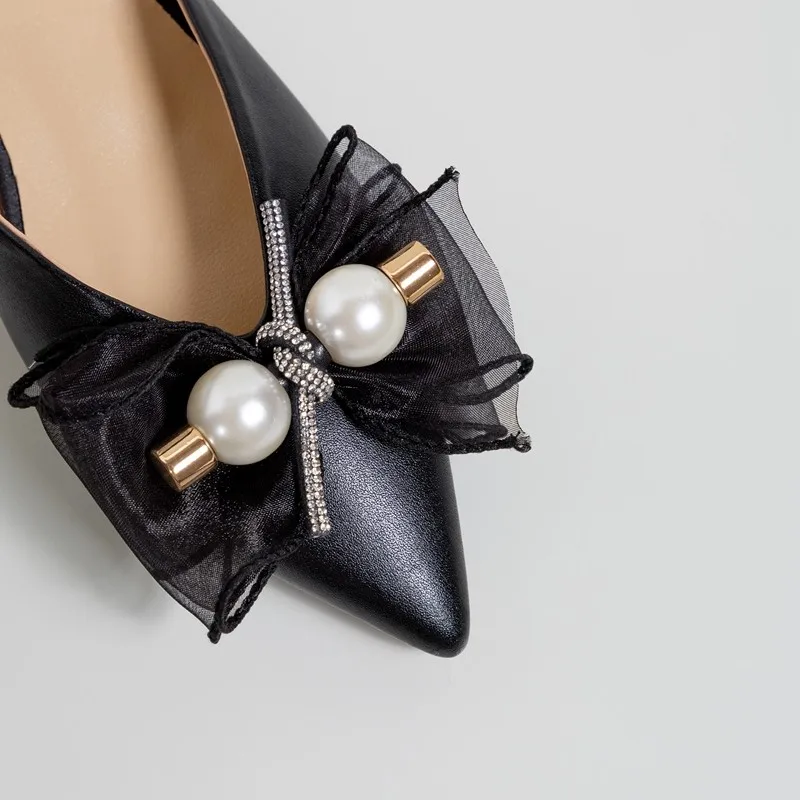 

Korean Sweet Mules Shoes Women Spring Summer Natural Leather Pointed Toe Butterfly-knot Low Heels Slingback Sandals New Size 43
