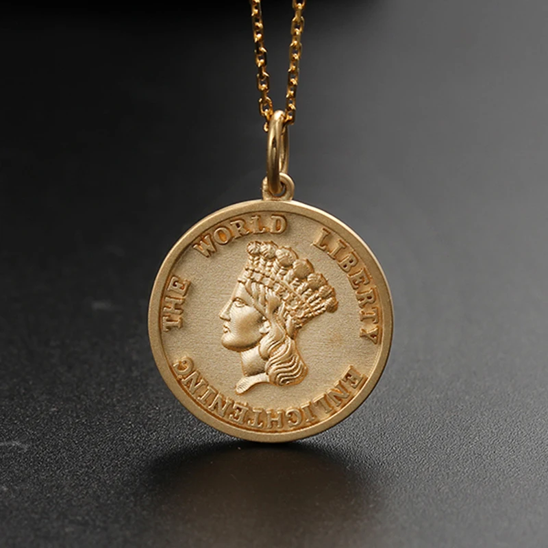 

Ladies Necklace Statue of Liberty Coin Vintage Solid 18K Gold Head Symbol Pendant Anniversary Gift