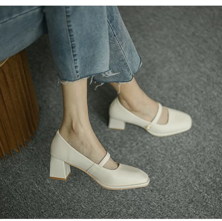 

Dress Shoes Woman Office Ladies Classic Style Square Toe Beige High Heels Shallow Mouth Chunky Sandals Brief Pumps Footwear Mary