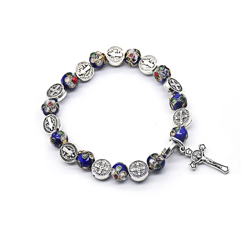 

QIGO Vintage Saint Benedict Cloisonne Beads Strand Rosary Bracelet Cross Pendant Bracelet For Men Women Religious Jewelry