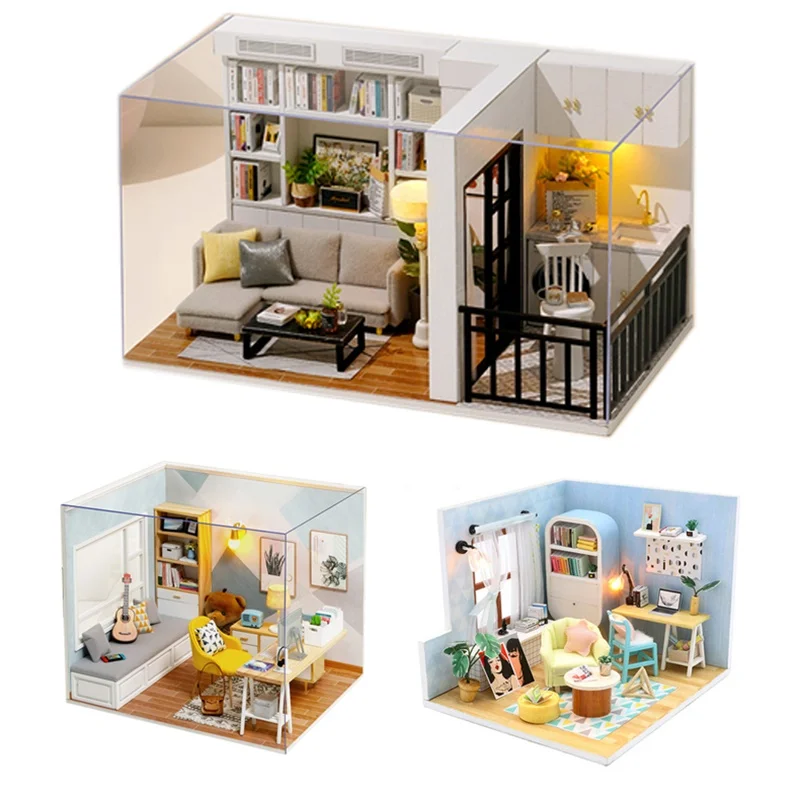 DIY Doll House Kits Diy Miniature Furniture Wooden Dollhouse With Dust Cover Assembly Home Decoration Christmas Birthday Gifts