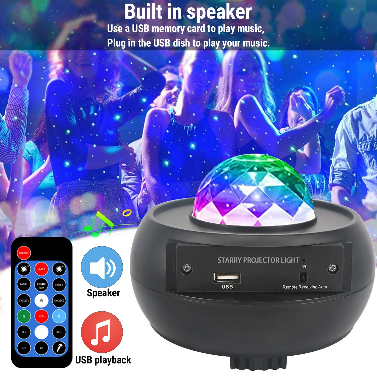 Colorful Starry Sky Projector USB Plug In Remote Control Bluetooth Music Player LED Laser Starry Sky Flame Water Pattern Light