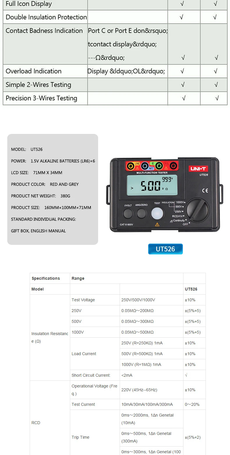 UNI-T UT522 526 Многофункциональный цифровой электрический счетчик Тестер электрической изоляции UT526 Измеритель сопротивления заземления+ испытательная машина УЗО