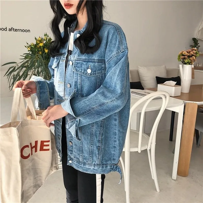 

Autumn Jean Jacket for Women Loose Casual Blue Fashion Women Coats Female Outwear Turn-down Collar Denim Coat Feminine