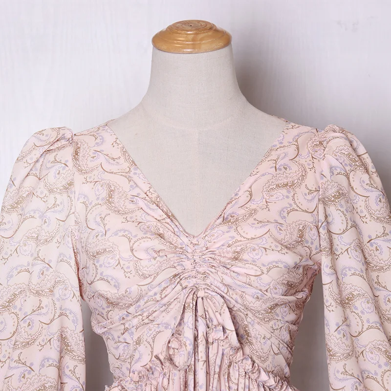 Женское винтажное платье макси Ruched с длинным рукавом цветочный принт Высокая