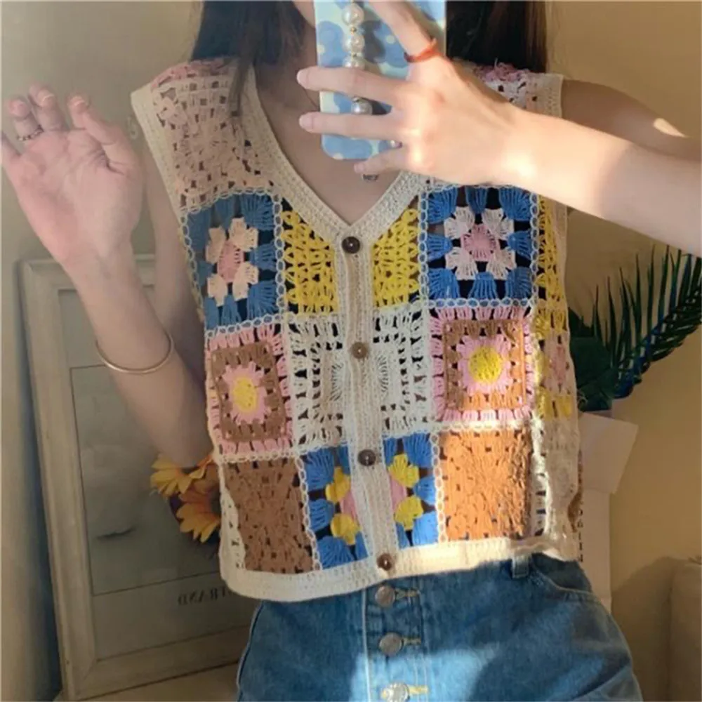 Bohemian Floral Embroidery Crochet Vest Women Sleeveless Waistcoat Summer Knit Vests Crop Top Vintage Chaleco Mujer | Женская одежда