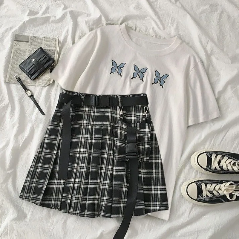 Женские комплекты топы с коротким рукавом клетчатые юбки вышивкой бабочки для