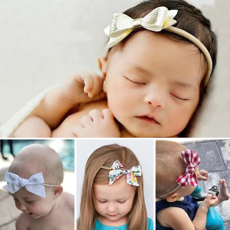 New Baby Girls Луки Оголовье 10 шт. / Компл. Эластичные Нейлоновые Ободки для Девочек Симпатичные Принты Луки Оголовье Набор Детские Аксессуары Для Волос
