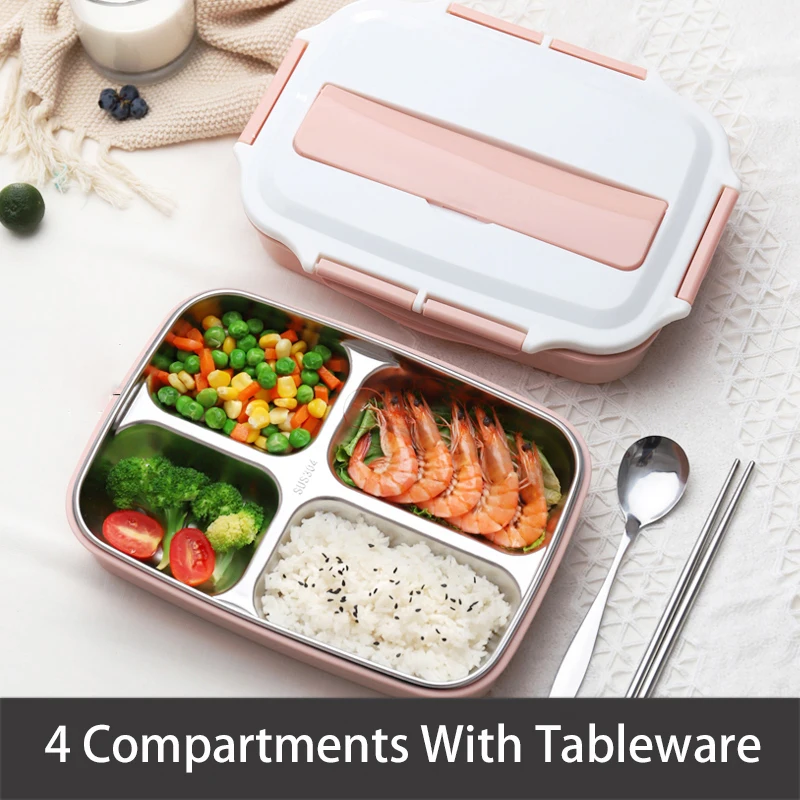 pink w tableware-4 Нержавеющая сталь Термальность контейнеры для еды с отделениями, Герметичная Кружка-порционная коробка Bento для хранения еды контейнер для пикника, офисные школьные Ланч-бокс - Цвет: pink w tableware-4